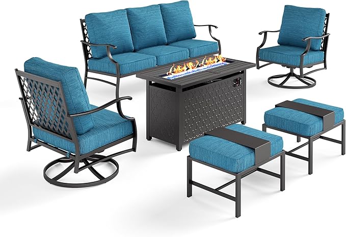 SUNSHINE VALLEY 6 Piece Metal Outdoor Patio Furniture Set with Firepit Table, Patio Conversation Set 3-seater Sofa, 2 Swivel Chair, 2 Ottoman with 5.75" Thick Cushion, Black Backyard Furniture, Blue-2