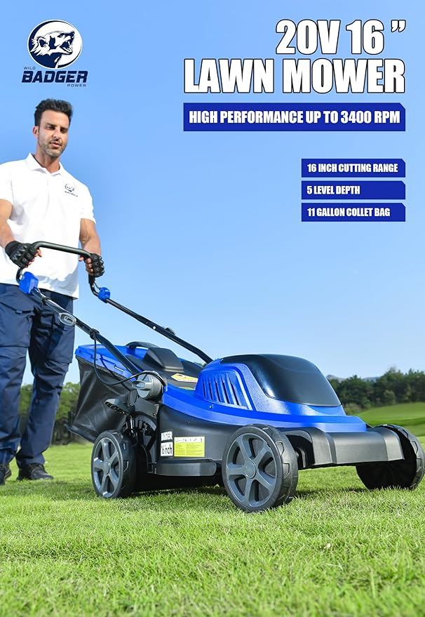 Wild Badger Power 40V 16″ Cordless Lawn Mower Brushless, 3,229 sq ft/0.074 ac,2×4.0Ah Battery & Fast Charger, 5-Position Height,for Small Residential Lawns