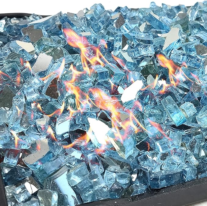 Fire Glass for Propane Fire Pit, 1/4 Inch High Reflective Fireplace Glass Rocks for Fire Pit Table, 10 lbs Fire Pit Glass Rocks for Outdoor Fire Table and Landscaping, Aqua Blue