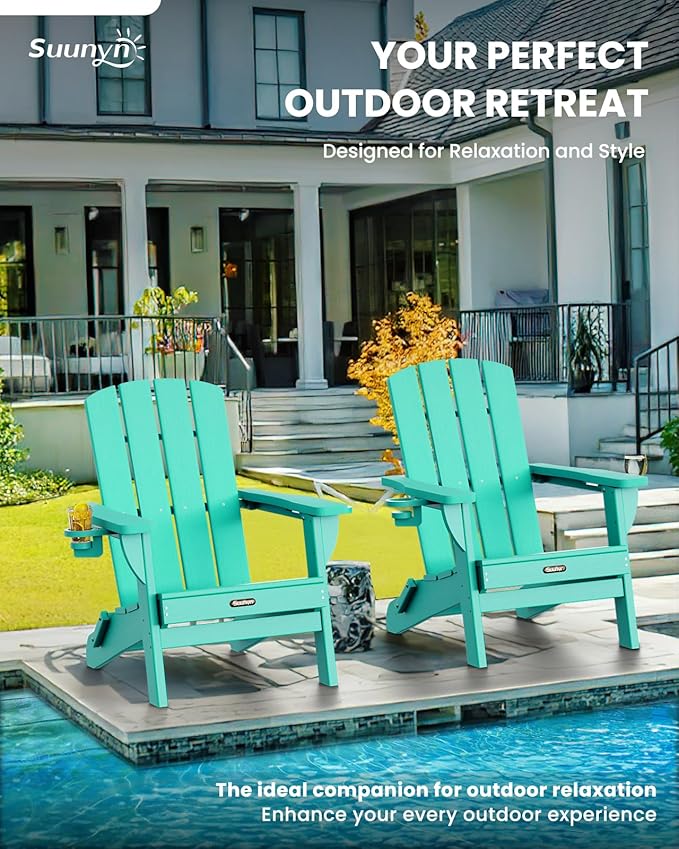 Folding Adirondack Chair 4 Pack, HDPE All-Weather Fire Pit Chairs, Plastic Adirondack Chairs with 2 Cup Holder, Outdoor Lawn Chair for Patio Garden (Lake Blue)