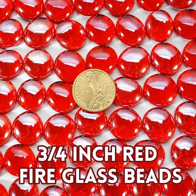 GasSaf Red Fire Glass Beads for Outdoor Fire Pit, Fireplace, Replaces Existing Gas Logs & Lava Rocks, 3/4 Inch Glass(10 Pound)(Red Luster)
