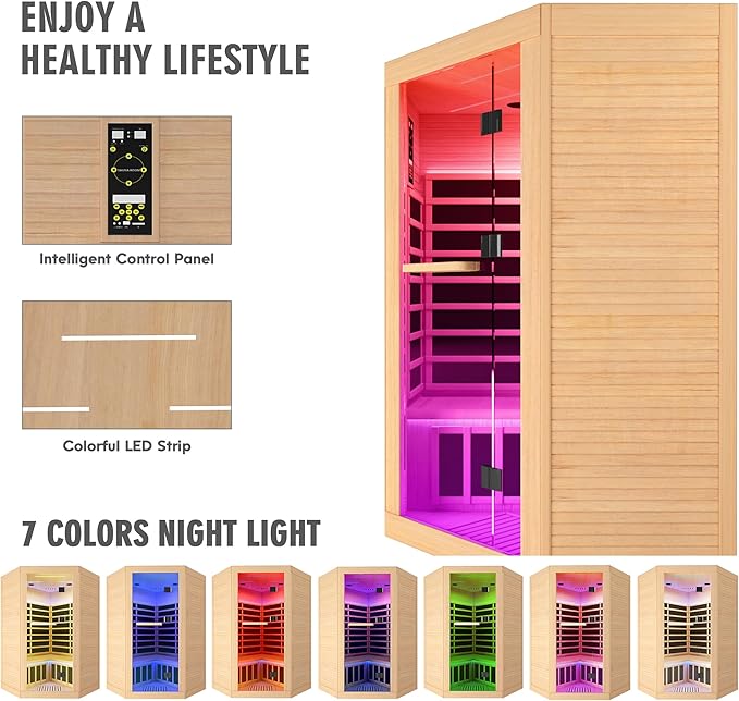 2-3 Person Sauna Corner Sauna Far Infrared Saunas Room Canadian Hemlock Indoor 2180W Low-EMF Dry Saunas with 7 Color Therapy