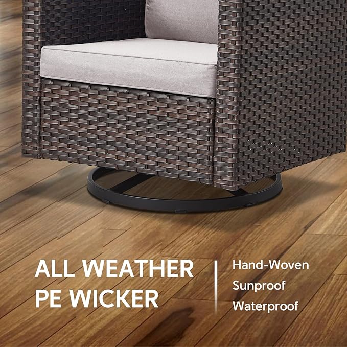 7 Piece Wicker Patio Furniture Set - Outdoor Swivel Rocker Chairs Set with Coffee Table, Side Table, 3 Seat Sofa & Ottomans, Small Patio Conversation Sets for Balcony Deck - Brown/Beige