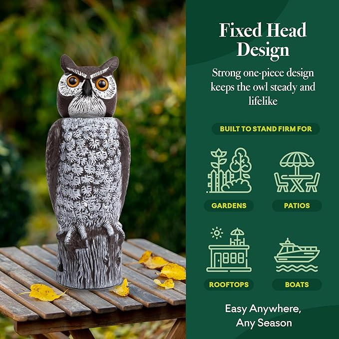 Dalen Large Fake Owl Decoy to Scare Birds Away - 16 in Hand-Painted Great Horned Owl Garden Scarecrow for Natural Pest Control - Fixed Head Design - Secure Upright by Filling with Sand/Gravel Only