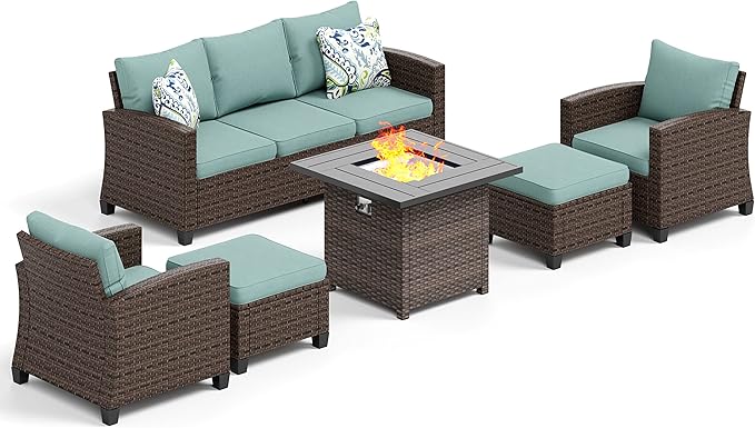 HERA'S HOUSE Wicker Patio Furniture Set with Fire Pit Table, 6 Pieces Outdoor Seating Furniture with Thick Cushions, 7 Seats Patio Conversation Sofa Sets, Blue