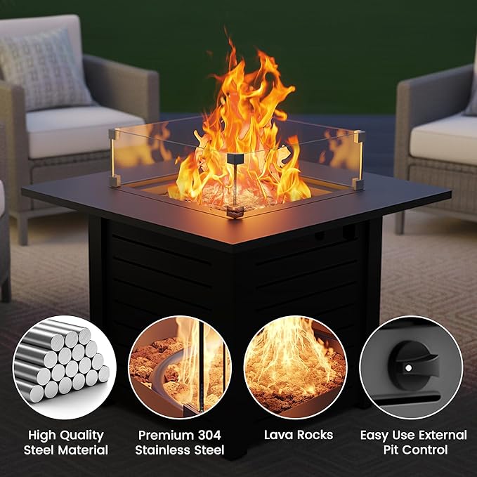 28 Inch Outdoor Propane Fire Pit,50,000 BTU Gas Firepit Table with Steel Lid,304 Stainless Steel H-Burner,Lava Rocks and Wind Guard,Fire Pits for Outside Patio Deck Garden,Black
