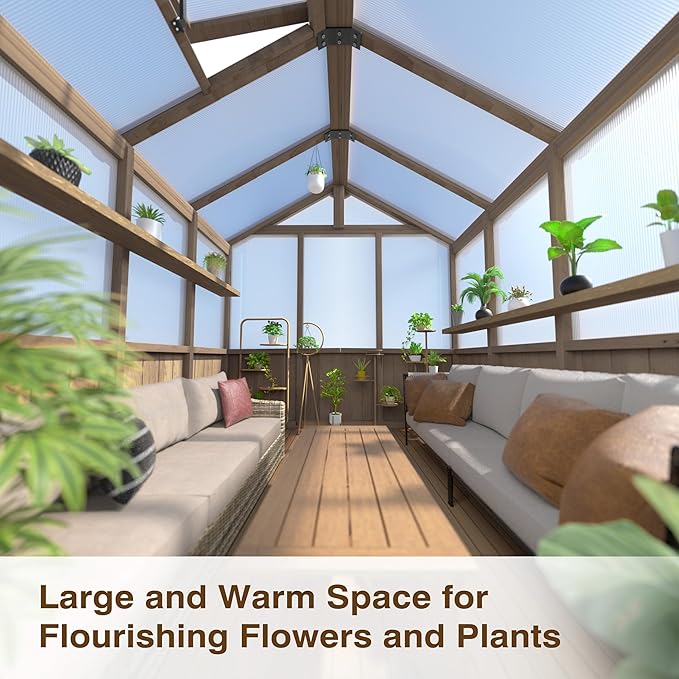 VEIKOU 6' x 8' Wooden Greenhouse for Outdoors with Cedar Frame, 6MM Thick Polycarbonate Panel, Green House with Adjustable Vent for Outside, Garden, Backyard, Light Mocha Brown