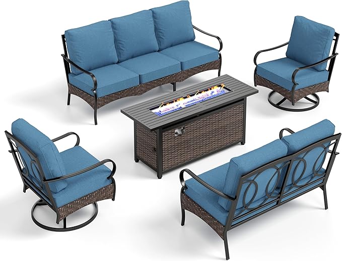 PHI VILLA Patio Furniture Set with 56" Fire Pit Table, Premium Outdoor Wicker Metal Frame Furniture with Upgraded Waterproof Thick Cushions for Porch, Poolside, Deck, and Yard
