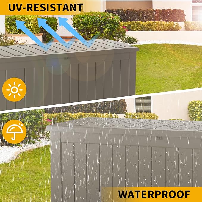 150 Gallon Deck Box, Resin Outdoor Indoor Waterproof Storage Box, Lockable Storage Box With Handle for Patio Furnitures - Garden Tools - Swimming Pool Tools UV-Resistant, Grey