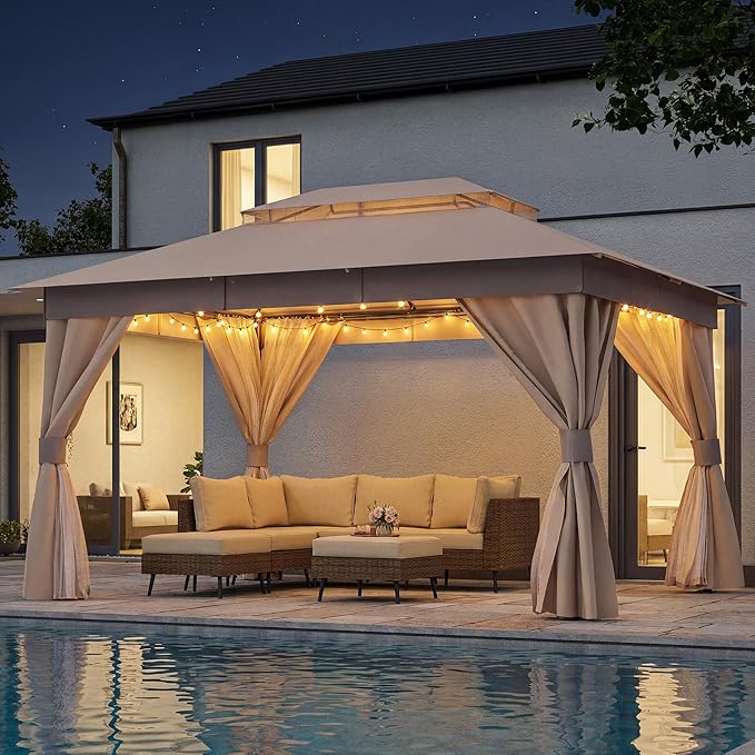 LAUSAINT HOME Outdoor Patio Gazebo 10'x13' with Expansion Bolts, Heavy Duty Party Tent & Shelter with Double Roofs, Mosquito Nettings and Privacy Screens for Backyard (Khaki)