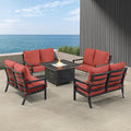 Oakland Living Black Aluminum Patio Fire Table Set with Four Deep Seating Loveseat with Cushions with Red Cushions