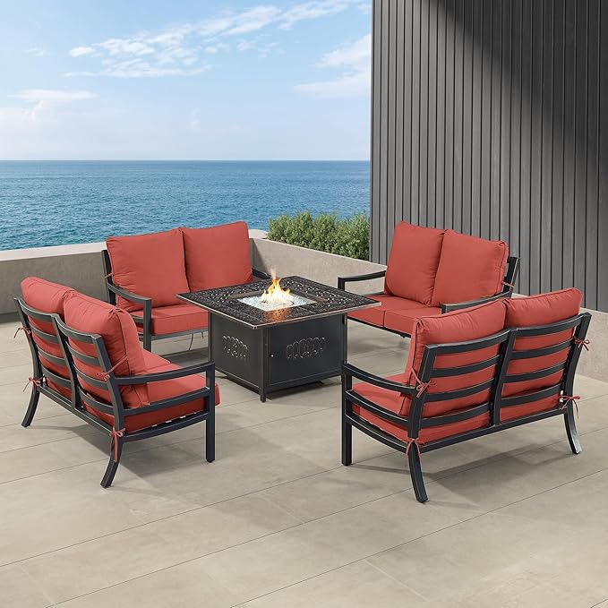 Oakland Living Black Aluminum Patio Fire Table Set with Four Deep Seating Loveseat with Cushions with Red Cushions