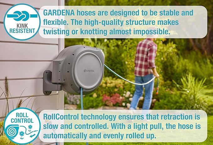 GARDENA (20500) Retractable Garden Hose Reel 50' x 1/2" hose, Wall Mounted, Automatic Retraction & Length Lock for Easy Watering. Heavy Duty Swivel Bracket 180°, Includes Nozzle. Made in Europe