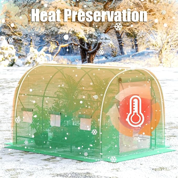 Greenhouse with Watering System, 10x7x7 Outdoor Greenhouse with 6 Mesh Windows and 1 Door, Easy Water and Irrigate Plants Green House (Green, 10x7x7 ft w/ Irrigation System)