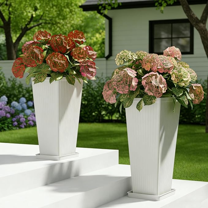 Square Tall Planters for Outdoor Plants Set of 2-23.6" Modern Tapered Indoor Flower Pots with Drainage Holes/Partition/Tray, Large Outdoor Planters for Porch Patio Garden Front Porch, White