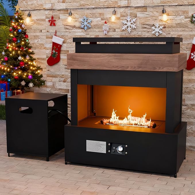 COOS BAY Outdoor Propane Fireplace Firepit, 50,000 BTU Adjustable Flame Chiminea Patio Heater with Tank Storage, Smokeless Gas, Ceramic Log, Modern Metal, 35.4''x22''x40.6'', Gray/Tan