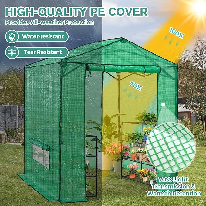 COOS BAY 6x6 FT Pop up Greenhouse Outdoor, Walk in Green House with Power Access Openings, Zippered Doors & Windows, Durable PE Cover, Green