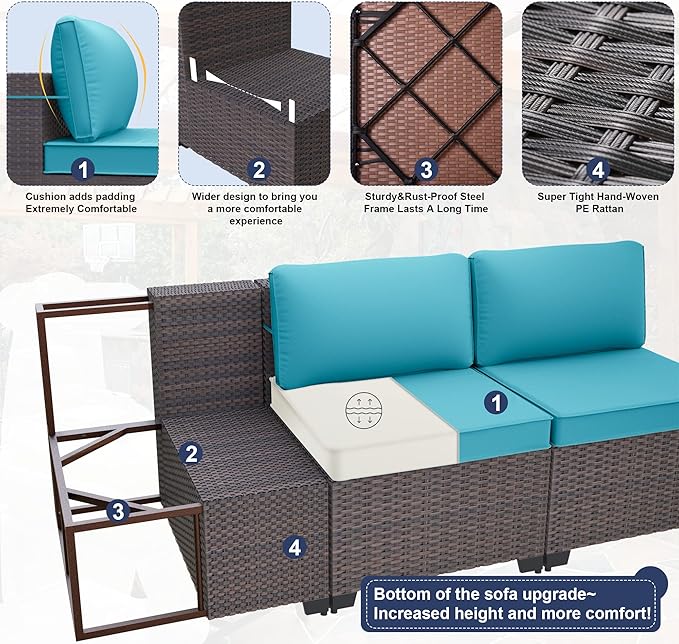 Kurapika 8 Pieces Patio Furniture Set, Rattan Wicker Outdoor Conversation Sets w/43in Propane Fire Pit Table and 4 Inch Cushion(Blue)