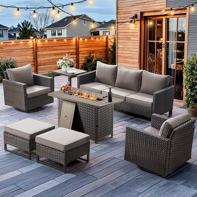 HUMMUH 7 Piece Patio Furniture Set with Fire Pit 41in 55,000 BTU,Wicker Outdoor Conversation Sets - Patio Swivel Chairs Sofa Ottomans,Side Table for Porch,Garden,Backyard