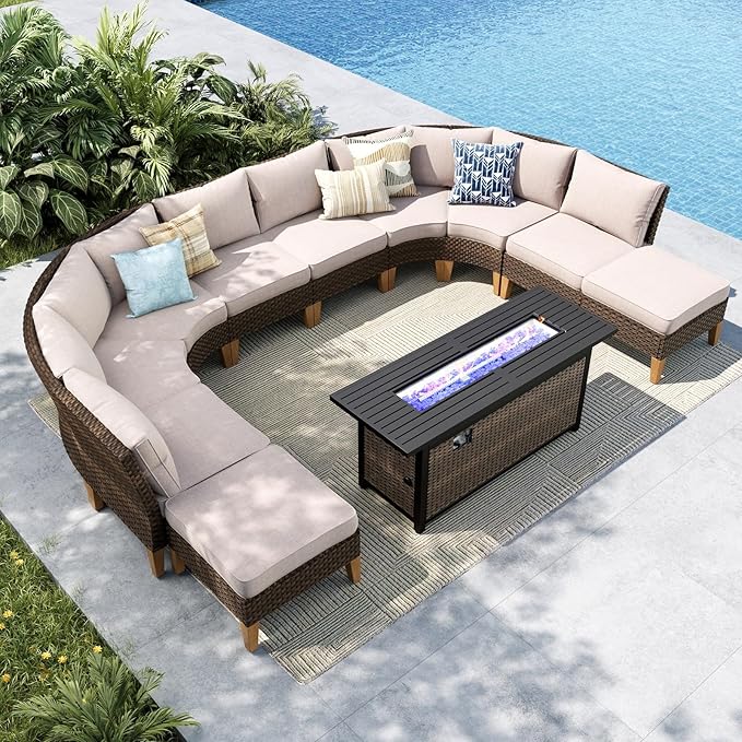 MFSTUDIO 11 Pieces Wicker Patio Furniture Set with 56" Fire Pit Table, All-Weather Outdoor Conversation Half-Moon Sectional Sofa Set, 4 x Curved Sofa, 4 x Armless Couch, 2 x Ottoman(Beige Cushion)