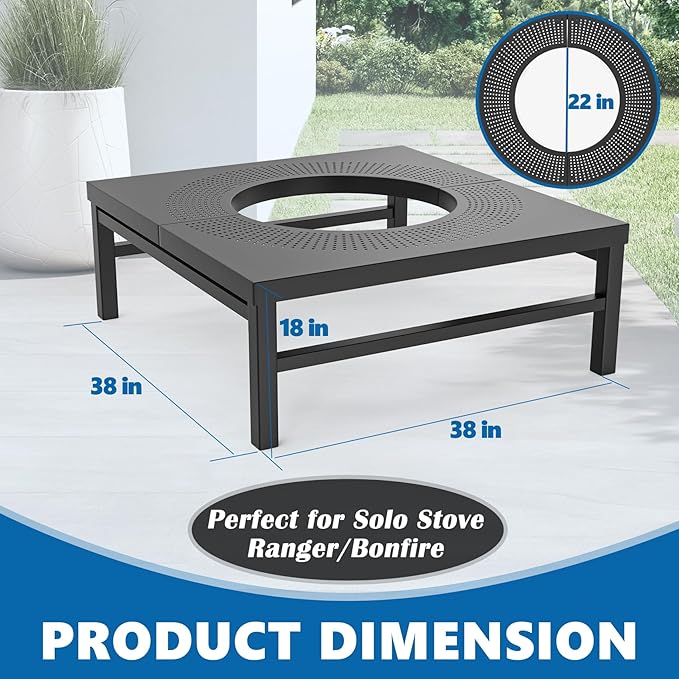 SafBbcue Fire Pit Surround Table for Solo Stove Bonfire/Ranger Accessories, 38" Fire Pit Table for Smokeless Patio Fire Pit, Firepit Surround Tabletop for Solo Stove Bonfire with Waterproof Cover