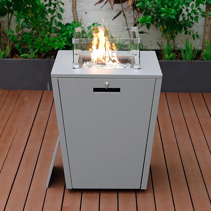 LeisureMod Chelsea 32" Modern Gas Fire Pit Table – 37,000 BTU CSA Certified Propane Steel Outdoor Table with Tempered Glass Wind Guard and Lid for Patio (Grey)