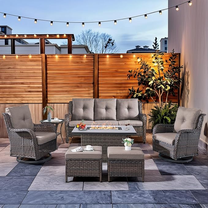 HUMMUH 7 Pieces Patio Furniture Set with Fire Pit Table Outdoor Conversation Set PE Wicker Patio Couch Swivel Glider Chairs Ottomans for Balcony Garden,Lawn,Deck