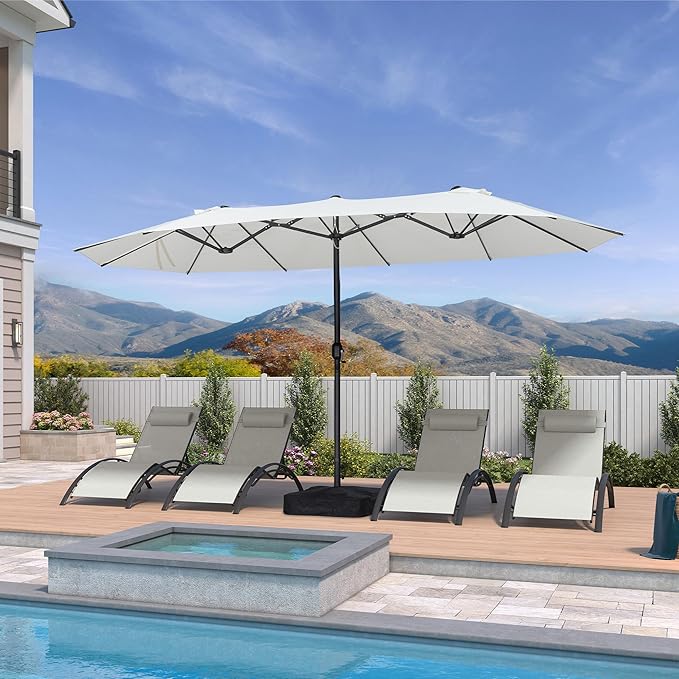 PURPLE LEAF 14ft Patio Market Umbrella with Base Double-Sided Rectangle Outdoor Table Sun Umbrellas with Crank 12 Heavy Duty Sturdy Ribs for Pool Beach Deck Backyard Cream
