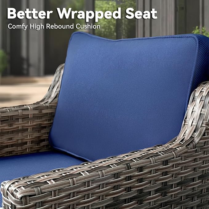 Outdoor Swivel Rocker Patio Chairs-High Back Wicker Swivel Rocker Patio Chairs Set of 2,PE Wicker Chair Patio Furniture Sets with Covered Cushions for Porch Balcony Patio Grey/Blue