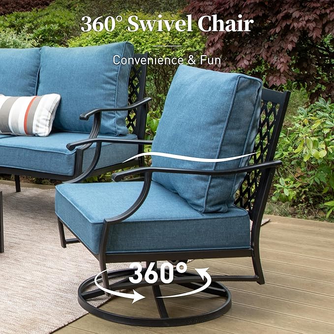 SUNSHINE VALLEY 4 Piece Metal Outdoor Patio Furniture Sets with 5000 BTU Firepit Table, Patio Conversation Sets 1 3-seater Sofa, 2 Swivel Chair with 5.75" Thick Cushion, Black Backyard Furniture, Navy