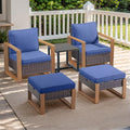 Rilyson Outdoor Wicker Patio Furniture Set - 5 Piece Patio Conversation Set with 2 Wicker Armrest Chairs,2 Rattan Ottoman, 1 Side Table, Sturdy Frame, Thick Cushions, Deep Seating(Brown/Blue)