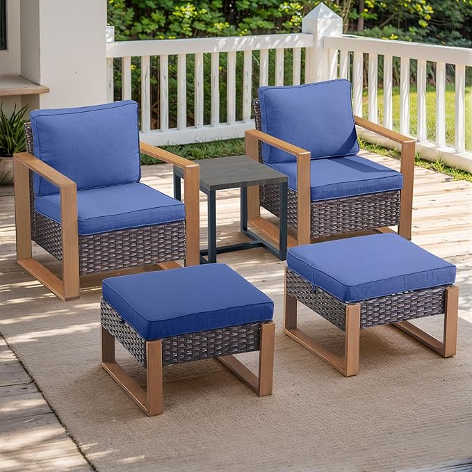 Rilyson Outdoor Wicker Patio Furniture Set - 5 Piece Patio Conversation Set with 2 Wicker Armrest Chairs,2 Rattan Ottoman, 1 Side Table, Sturdy Frame, Thick Cushions, Deep Seating(Brown/Blue)