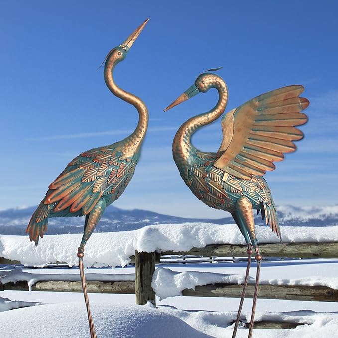 Oritty 33-37 Inch Metal Crane Garden Statue Décor, Bird Heron Garden Sculpture & Statues, Outdoor Decoration for Yard Pond Lawn Backyard Pool, Vintage Spread Wings Crane, Set of 2 Copper
