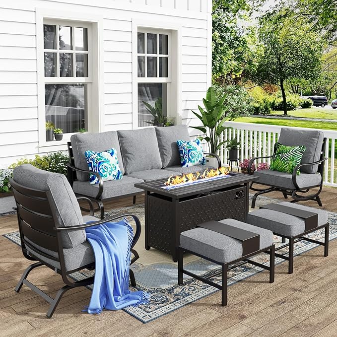 MFSTUDIO 6 Pieces Patio Furniture Sets with 45" Gas Fire Pit Table(Up to 7 Seat), Outdoor Metal Frame Patio Conversation Sofas with 1 x 3-Seat Sofa, 2 Rocking Chairs and 2 Ottoman, Grey Cushion