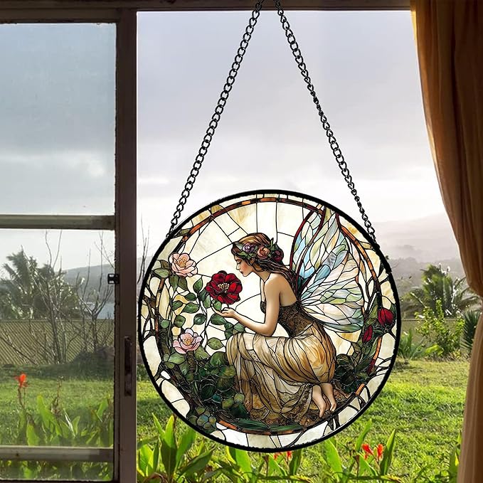 JOSUMALY Stained Glass Window Hanging - Butterfly Flower Fairy Suncatcher for Door Terrace Garden Home Decor Yellow Green Plants Sun Catcher Birthday Gifts for Lovers Women Men Dad Mom Nana 9.8 in