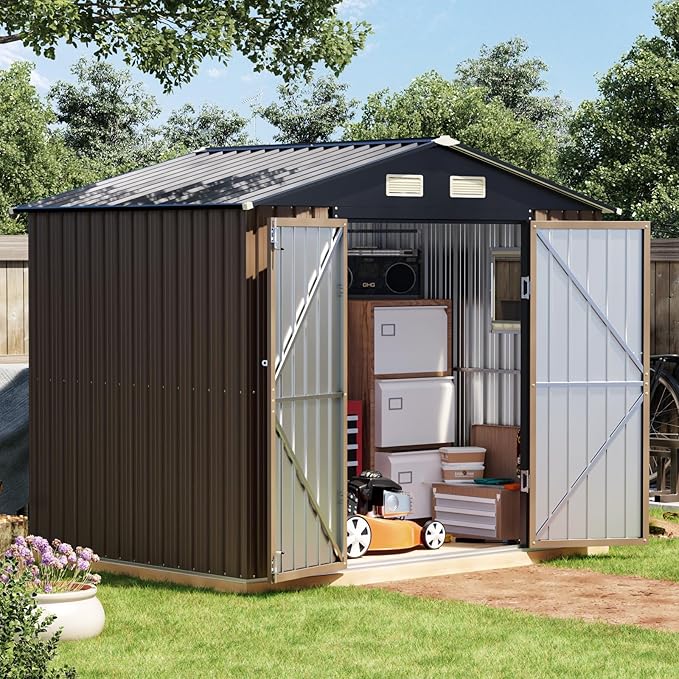 6x8FT Outdoor Metal Storage Shed with Floor Frame,Double Door, 1 Clear Window, Tool Shed for Garden, Patio, Backyard Brown