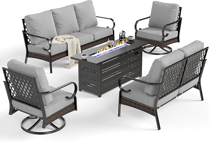 SUNSHINE VALLEY 5 Piece Metal Outdoor Patio Furniture Sets with Firepit Table, Patio Conversation Sets 1 3-Seater Sofa, 1 2-Seater Loveseat, 2 Swivel Chair with 5.75" Cushion for Backyard, Light Gray