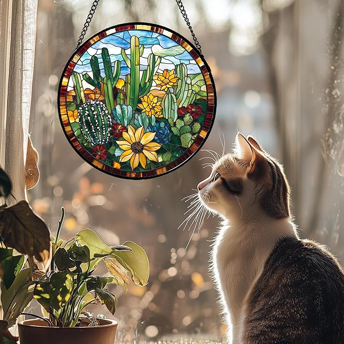 QZQCBLC Stained Glass Window Hanging Green Cactus with Yellow Flowers 6.3" - Suncatcher Door Garden Sun Catcher Home Decor Birthday Christmas for Mom Men Woman Friend Nana