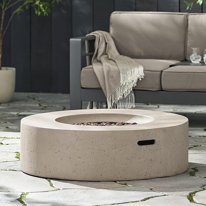 Outdoor Propane Fire Pit Table for Outside Patio, 39 Inch Concrete Fire Pit Table, Round Gas Fire Pit for Garden, Pool, Backyard, 50,000 BTU, Free Lava Rocks, Light Gray