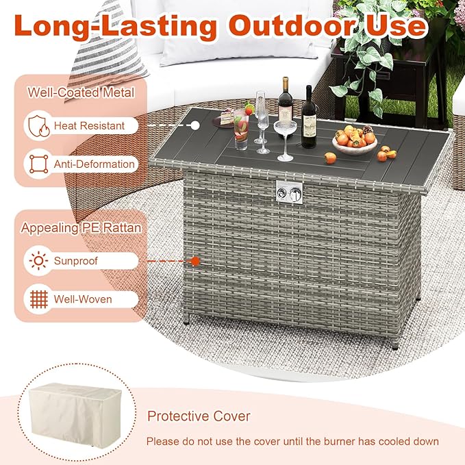 Tangkula 44.5 Inch Propane Fire Pit Table, Outdoor Rattan Gas Firepit with Metal Slatted Tabletop & Stainless Steel Burner, Rectangle Fire Pit with Lava Rocks & Protective Cover for Outside Patio