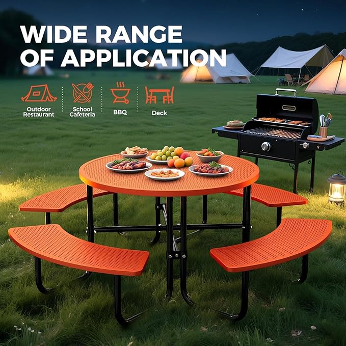 KUFUH 46" Coated Round Metal Picnic Table for 4-8 Person, Durable Heavy Duty Commercial Picnic Table with Umbrella Hole for Outdoor Coffee Shop, School, Easy to Install, Orange