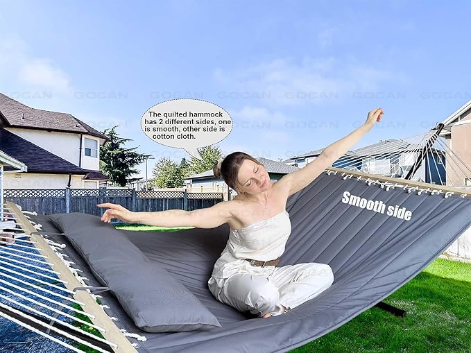 GOCAN Double Hammock with Quilted Fabric and Spreader Bars,Longer and Sturdier,Quality Hammocks for Outdoor Indoor Patio Yard