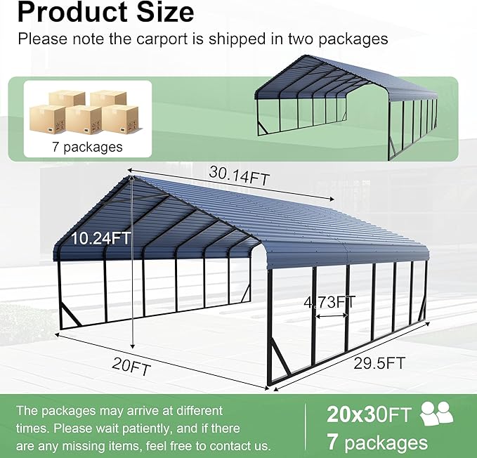 RV Metal 20x30FT Carport Canopy Heavy Duty Carports Kits for Garage,Aluminum Car Ports with Steel Shelter Frame Cover for 3 Car or Boats