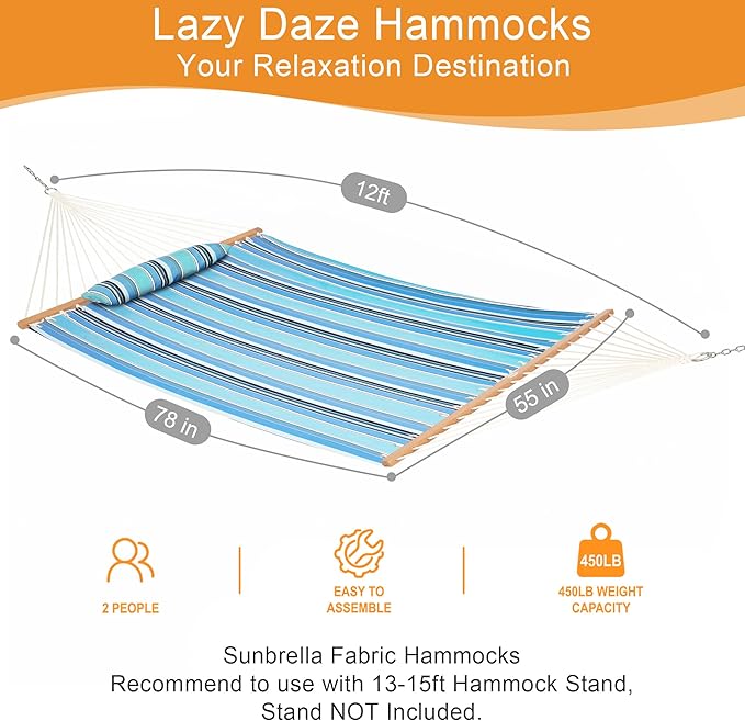 Lazy Daze Hammocks 12 FT Sunbrella Fabric Hammock with Spreader Bars and Free Pillow Fits for 2 Persons, All Weather and Fade Resistant for Patio Yard, 450 lbs Capacity, Dolce Oasis