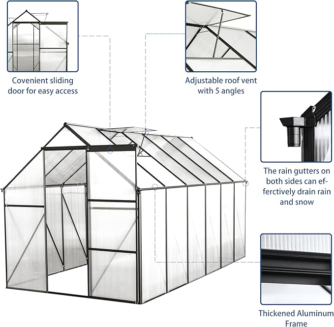 6×12 FT Black Polycarbonate Greenhouse for Outdoors with Heavy-Duty Aluminum Frame, Walk-in Green House Kit with Raised Base, Sliding Door & Adjustable Roof Vent, Large Outdoor Greenhouse