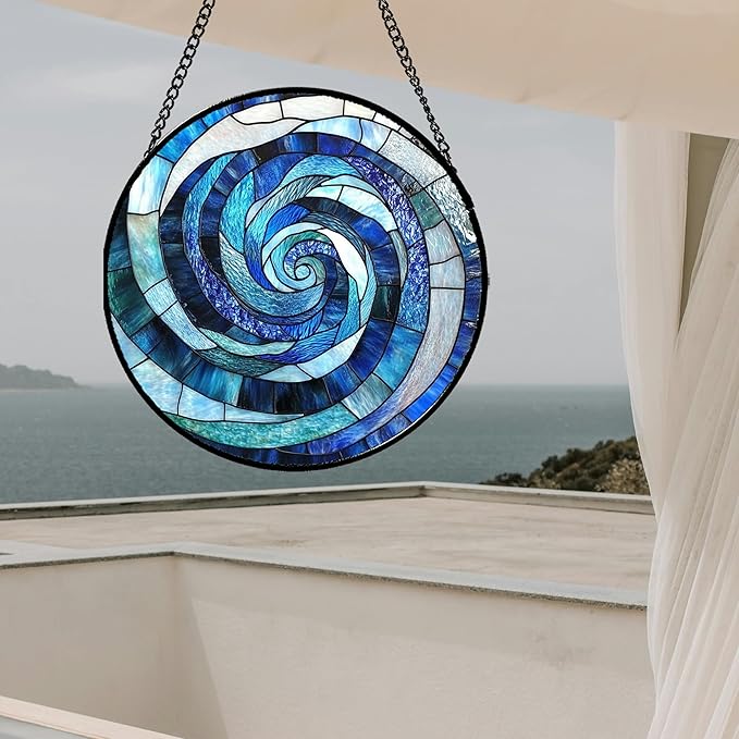 CRISGIF Stained Glass Window Hanging - Blue Abstract Swirl Suncatcher for Doors Garden Patio Unique Sun Catchers Decor Christmas Mother's Day Birthday Gifts for Women Men Mom Nana Friend 11.8 in