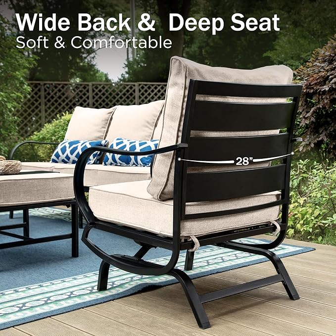 PHI VILLA 5 Pcs Patio Furniture Set with 1 x 72 Padded Deep Seating Bench Sofa, 2 x Cushioned C-Base Sofa Chairs and 2 x Metal Cushioned Ottoman, Outdoor Deluxe Furniture Patio Set for Backyard