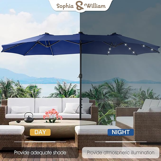 Sophia & William 15 ft Extra Large Patio Umbrella with Solar Lights, Rectangular Outdoor Umbrella with Base Included, Market Umbrella Double-sided Heavy Duty for Pool Garden Backyard, Haze Blue