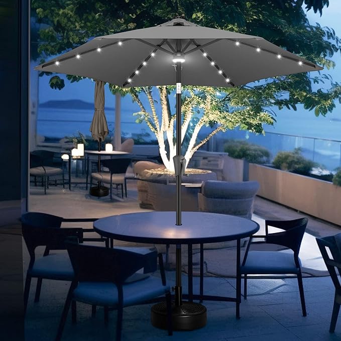 FLAME&SHADE 7.5 ft Solar Powered Outdoor Market Patio Table Umbrella with LED Lights and Tilt, Anthracite