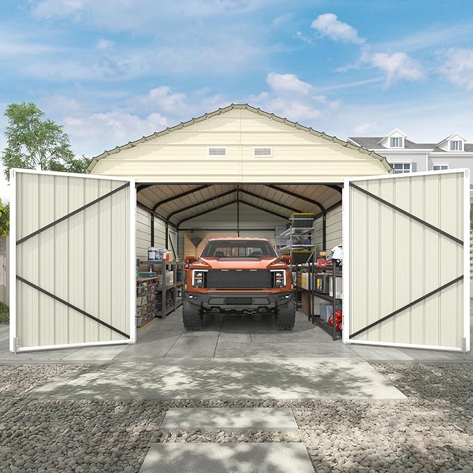 EROMMY 12x20 FT Heavy Duty Carport - Galvanized Steel Frame Car Shelter with Reinforced Base, Enclosed Storage Shed for Cars & Trucks, Gray